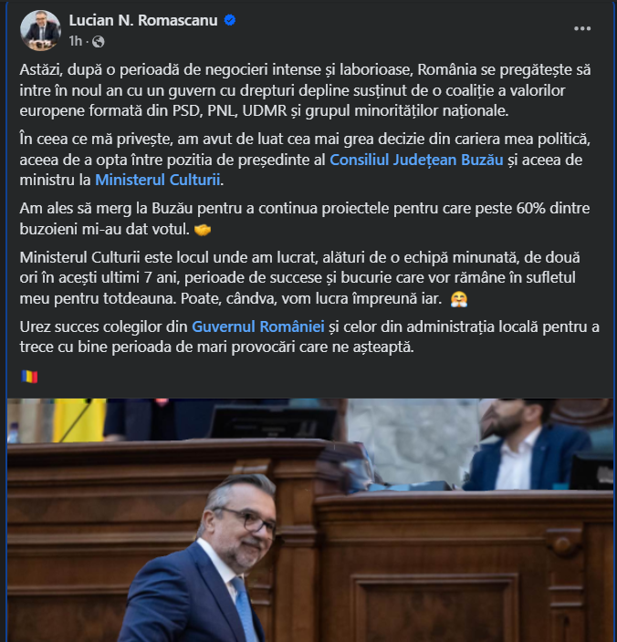 Lucian Romașcanu (PSD) a ales să își păstreze funcția de președinte al Consiliului Județean Buzău, deși a primit oferta de a prelua portofoliul de ministru al Culturii